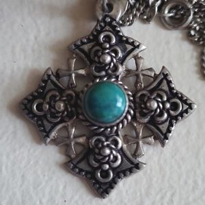 Vintage Jerusalem Cross Pendant, Turquoise Center Stone, 20"